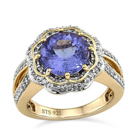 0.75 ctw Premium Tanzanite and Cambodian Zircon Ring in 14K Yellow Gold Over Sterling Silver (Size 7.0) 8.65 Grams