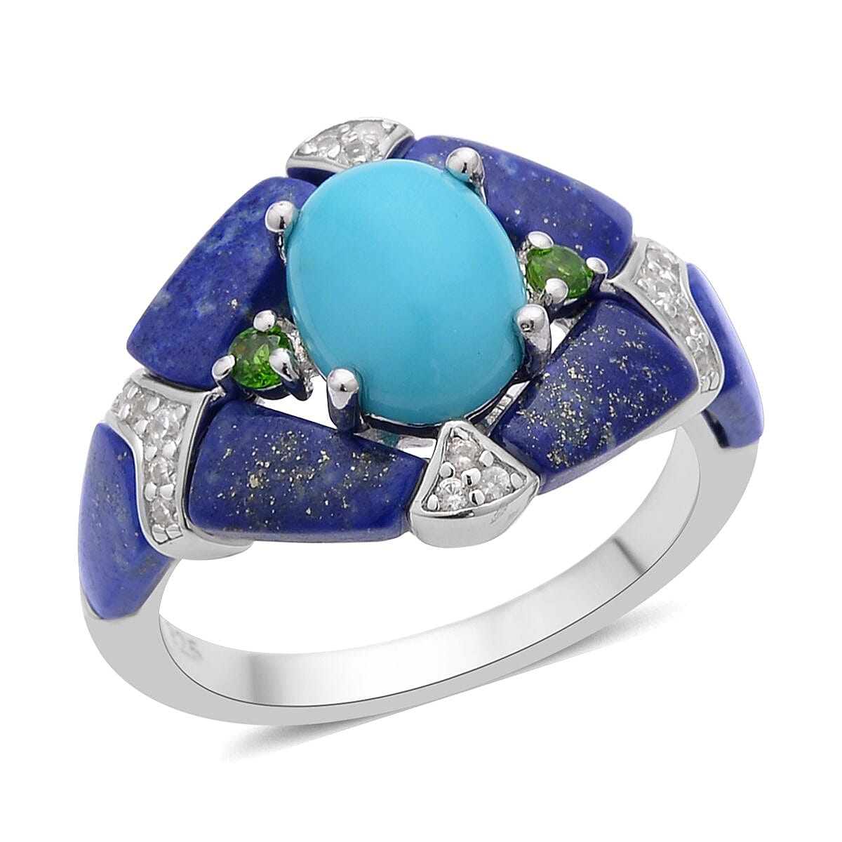 American Natural Sleeping Beauty Turquoise and Multi Gemstone Ring in Rhodium Over Sterling Silver 6.00 ctw