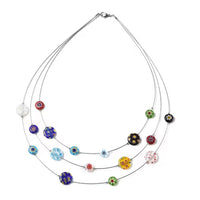 Multi Color Murano Style Round Station Multi Strand Drape Necklace 18 Inches in Stainless Steel