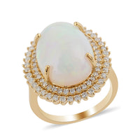 ILIANA 18K Yellow Gold AAA Ethiopian Welo Opal and Diamond G-H SI Double Halo Ring 7.80 Grams 7.25 ctw