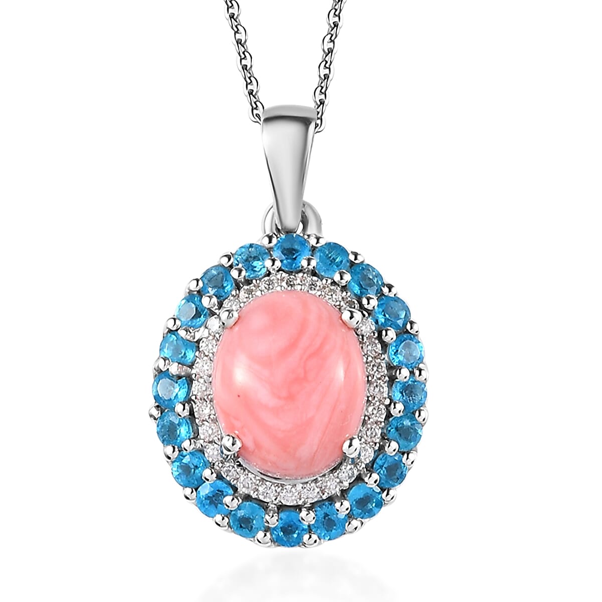 Premium Oregon Sunrise Peach Opal and Multi Gemstone Double Halo Pendant Necklace 20 Inches in Platinum Over Sterling Silver 2.85 ctw