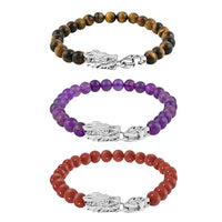 Set of 3 Red Jasper, Amethyst and Yellow Tigers Eye 212.60 ctw Beaded Dragon Bracelet in Stainless Steel (7.50In)