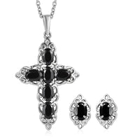 African Amethyst Stud Earrings and Cross Pendant Necklace (20 Inches) in Stainless Steel 3.00 ctw