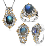 Set Of 3 Larimar 14.90 ctw Earrings, Ring , Pendant in 14K YG and Platinum Over Copper with Stainless Steel Necklace 20 Inches