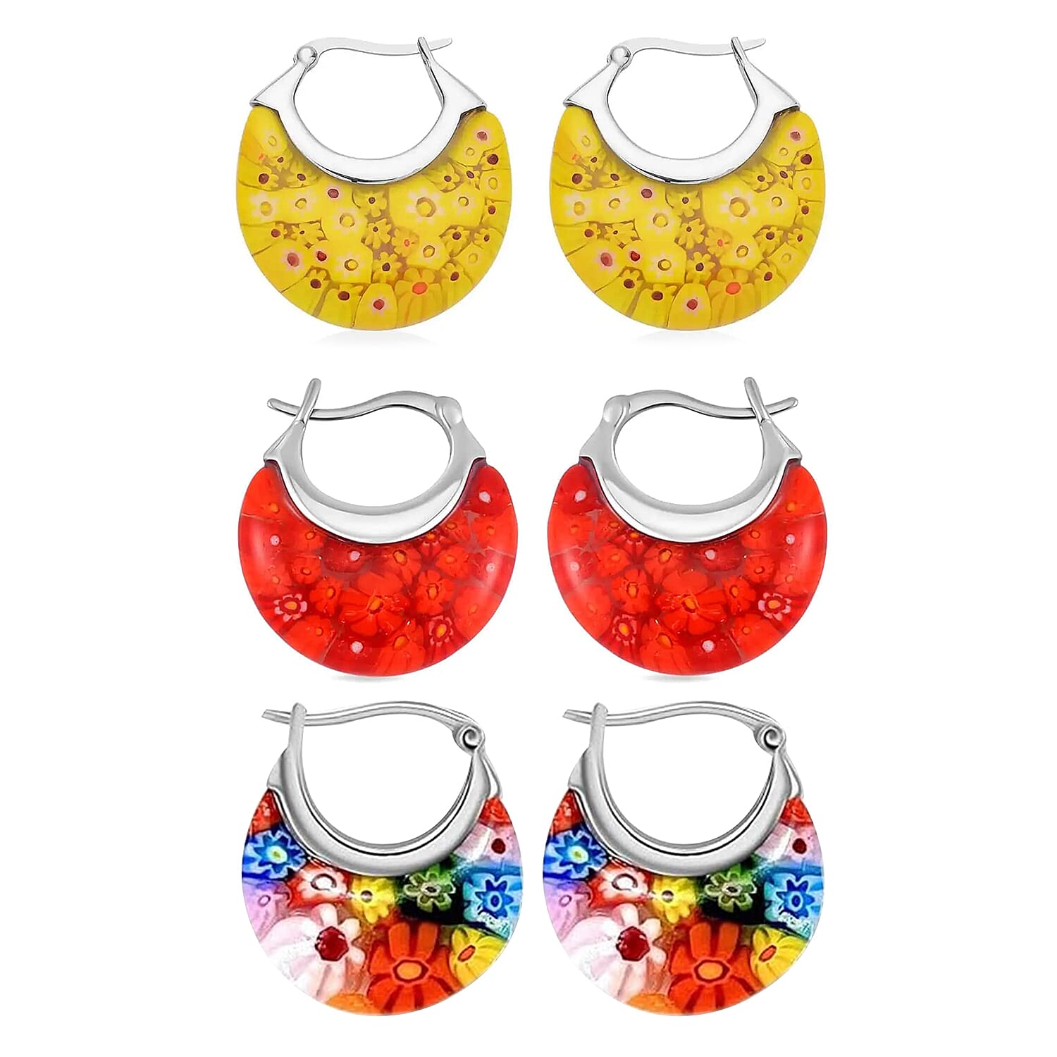 Set of 3 Multi Murano Style Basket Earrings in Stainless Steel with Lifetime Guarantee
