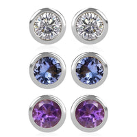 Set of 3 - D'Joy Poke Free Moissanite, Tanzanite and African Amethyst 1.45 ctw Stud Earrings in Rhodium Over Sterling Silver