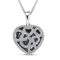 Luxuriant Lab Grown Blue Diamond and Lab Grown White Diamond SI 1.00 ctw Matrix Heart Pendant Necklace in Rhodium Over Sterling Silver 20 Inches