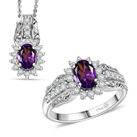 D'Joy African Amethyst, White Zircon Ring (Size 5.0), Pendant Necklace (20 Inches) in Rhodium Over Sterling Silver 2.50 ctw