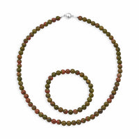 Unakite Beaded Stretch Bracelet and Necklace (18 Inches) in Sterling Silver 200.00 ctw