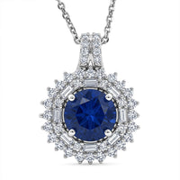 D'Joy Premium Tanzanian Blue Spinel (DF) and Moissanite 2.20 ctw Royal Midnight Halo Pendant Necklace in Rhodium Over Sterling Silver 20 Inches