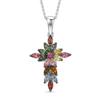 D'Joy Multi-Tourmaline 1.35 ctw Color Blossom Cross Pendant Necklace in Rhodium Over Sterling Silver 20 Inches