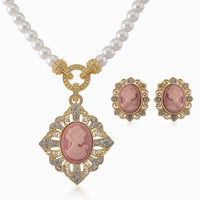 Cameo, Simulated Pearl and Austrian Crystal Necklace (20-22 Inches) and Earrings in Goldtone