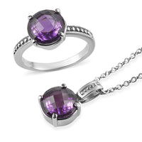 EverTrue Simulated Amethyst Color Diamond Ring (Size 10) and Pendant Necklace 20 Inches in Stainless Steel