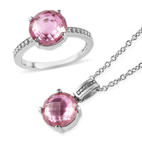 EverTrue Simulated Pink Diamond Ring (Size 5) and Pendant Necklace 20 Inches in Stainless Steel