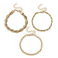 TLV Set of 3 - Rope, Link and Fine 3 Layer Chain Bracelet in Goldtone (7.00-9.00In)