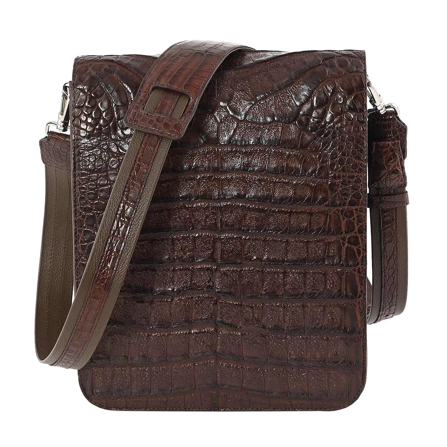 RIVER Brand Closeout, Organic Caiman Crocodile Kango Brown Messenger Bag (9.05x11.02x4.13)