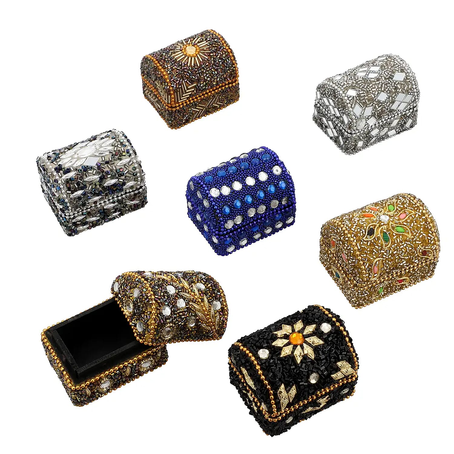 Set of 7 Handcrafted Multi Color Wooden Beaded Chest Jewelry Box (2"x1.5")