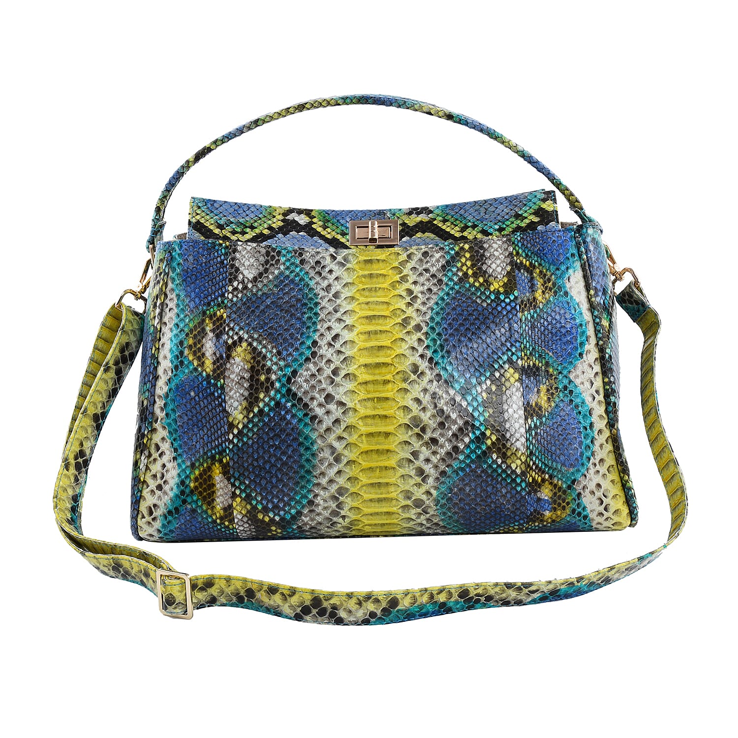 The Pelle Python Collection Handmade 100% Genuine Python Leather Blue & Yellow Tote Bag (14.75"x9.2"x6") with Detachable and Adjustable Strap