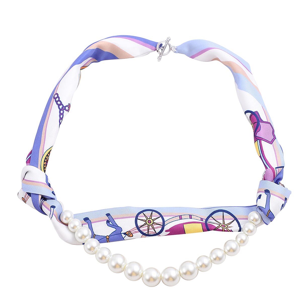 Simulated Pearl Multi Wear Printed Scarf Necklace with Pearl Danglers in Silvertone (24 Inches)