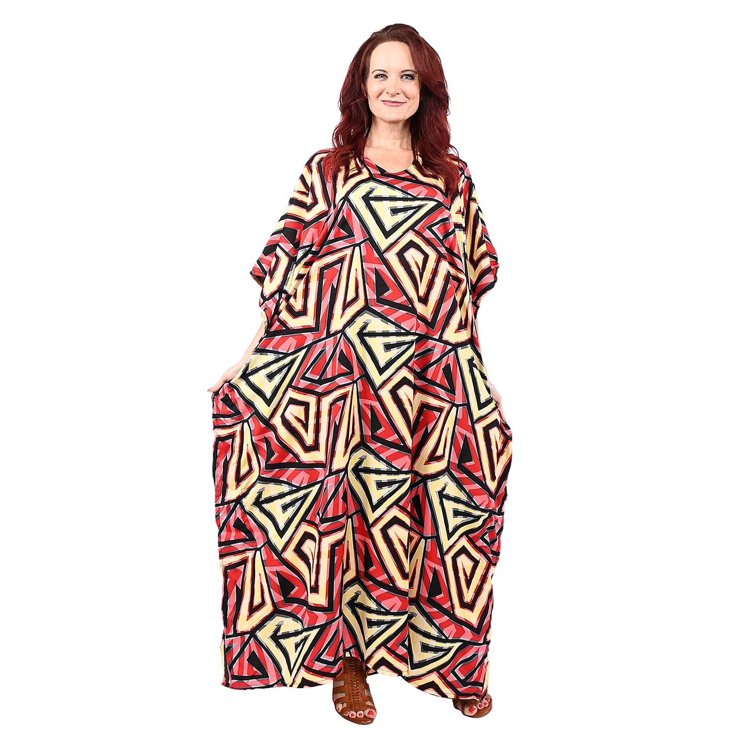 WINLAR Red Triangle Print V-Neck Long Microfiber Kaftan - One Size Fits Most