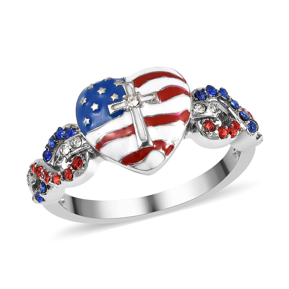 Multi Color Austrian Crystal US flag Pattern Infinity Loop Ring in Stainless Steel (Size 10.0)