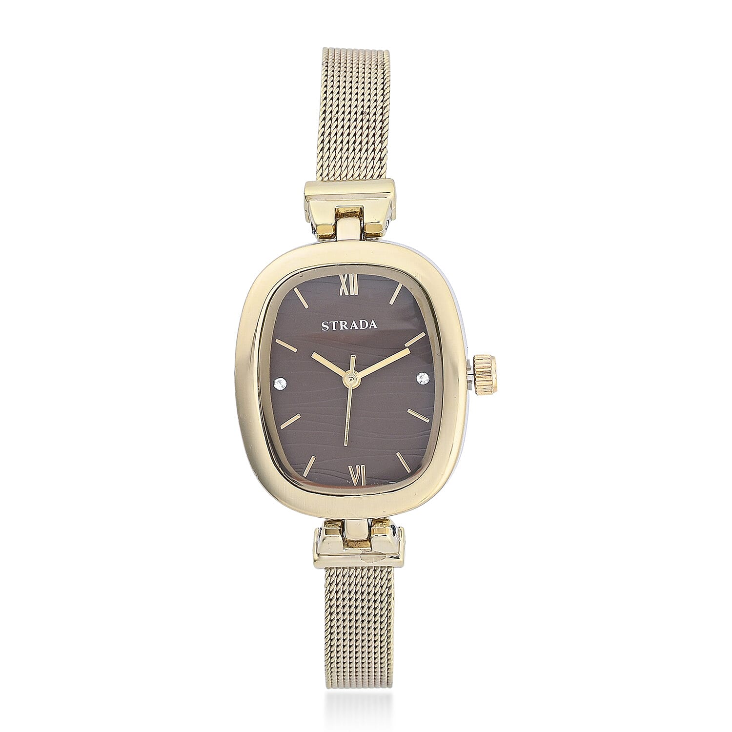 STRADA 10th ANNIVERSARY SPECIAL Austrian Crystal Japanese Movement Watch in ION Plated YG Stainless Steel Mesh Strap with Marron Dial