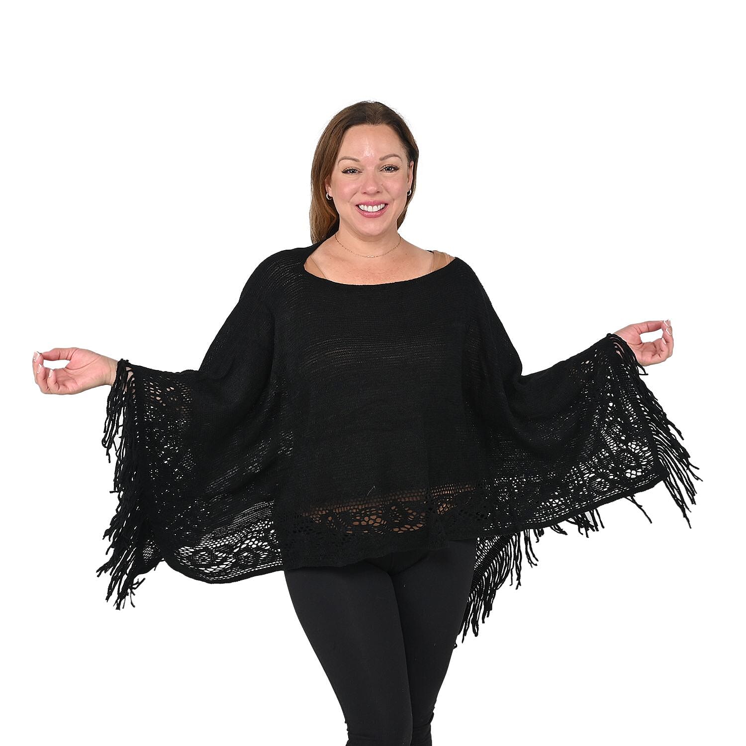 Black Solid Poncho with Bottom Cut Work and Tassels (32"x64")