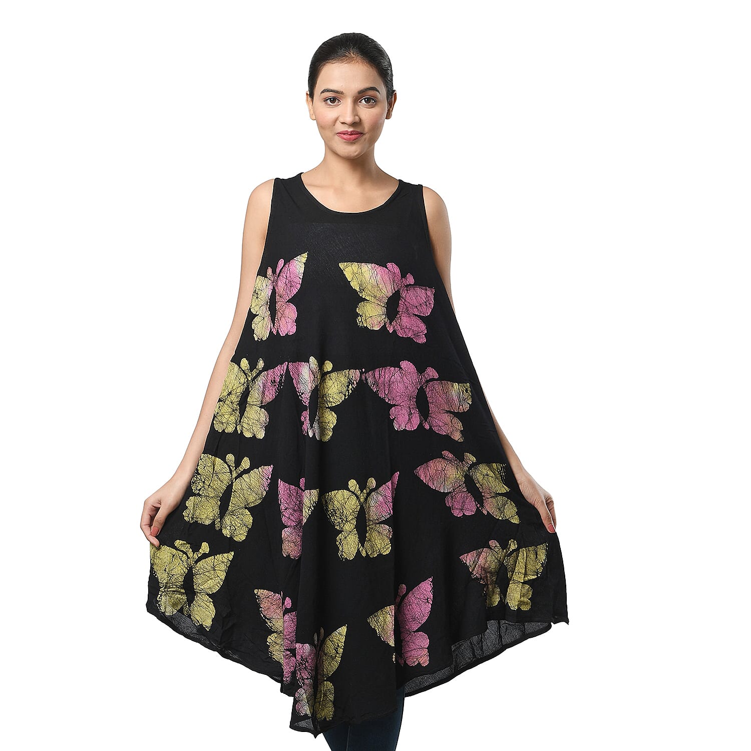 Tamsy Rainbow and Black Butterfly Print Umbrella Dress - One Size Fits Most (48"x44")