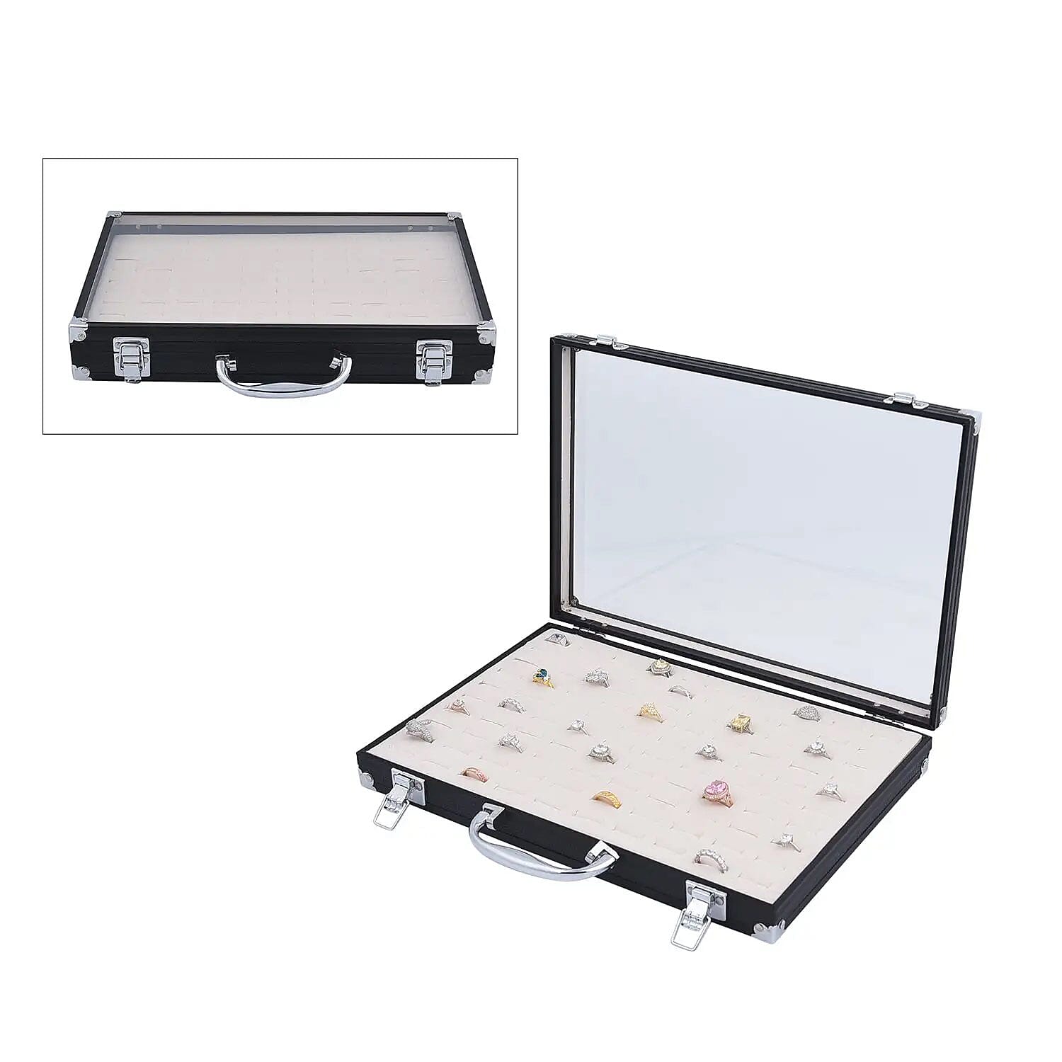 Black Faux Leather Velvet Interior Ring Jewelry Box with Steel Color Lock and Handle (13.8"x9.4"x2")