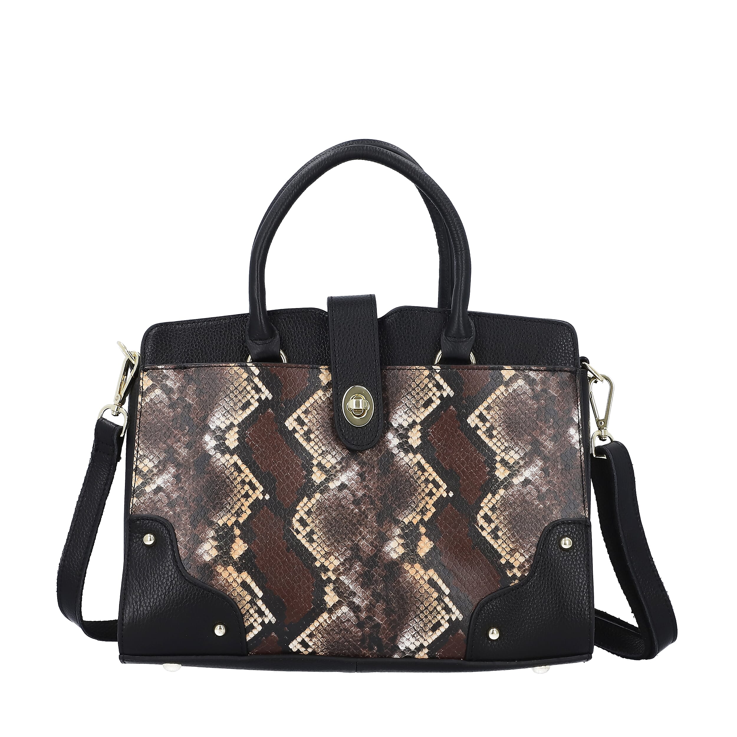 Black & Brown Snake Skin Print Genuine Leather Convertible Tote Ba (12.6"x4.72"x9.06")