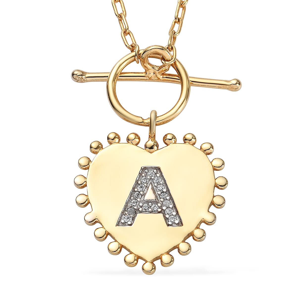 Natural White Zircon Initial A Heart Toggle Clasp Pendant Necklace (18 Inches) in Vermeil YG Over Sterling Silver 0.10 ctw