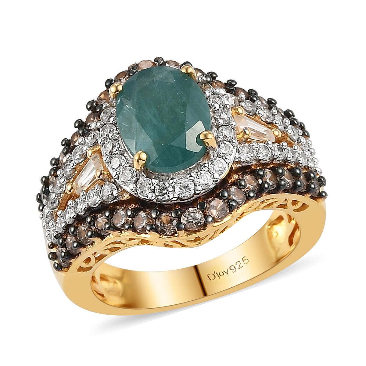 Premium Grandidierite, Natural White Zircon and Coffee Zircon Ring in Rhodium and Vermeil Yellow Gold Over Sterling Silver 4.10 ctw