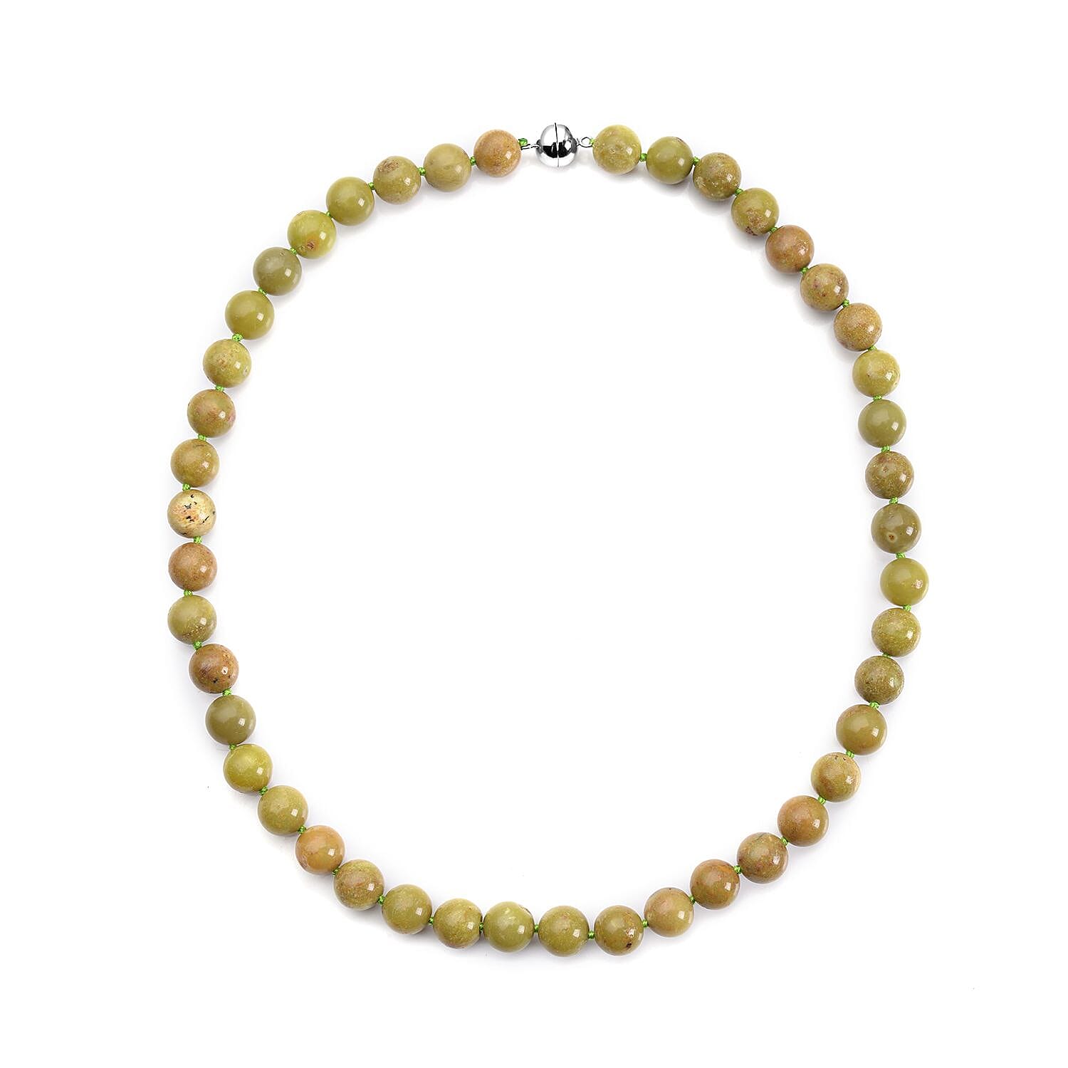 Green Opal Beaded Necklace 20 Inches with Magnetic Clasp in Rhodium Over Sterling Silver 271.00 ctw