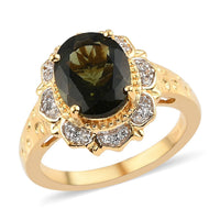 Bohemian Moldavite and Natural White Zircon Cocktail Ring in Vermeil Yellow Gold Over Sterling Silver (Size 10.0) 2.25 ctw