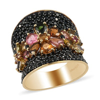 Multi-Tourmaline and Natural Thai Black Spinel Ring in Rhodium and Vermeil Yellow Gold Over Sterling Silver 9.65 Grams 6.40 ctw