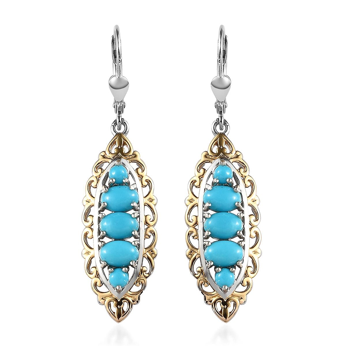 AMERICAN Natural Sleeping Beauty Turquoise Lever Back Earrings in Vermeil Yellow Gold and Platinum Over Sterling Silver 2.65 ctw
