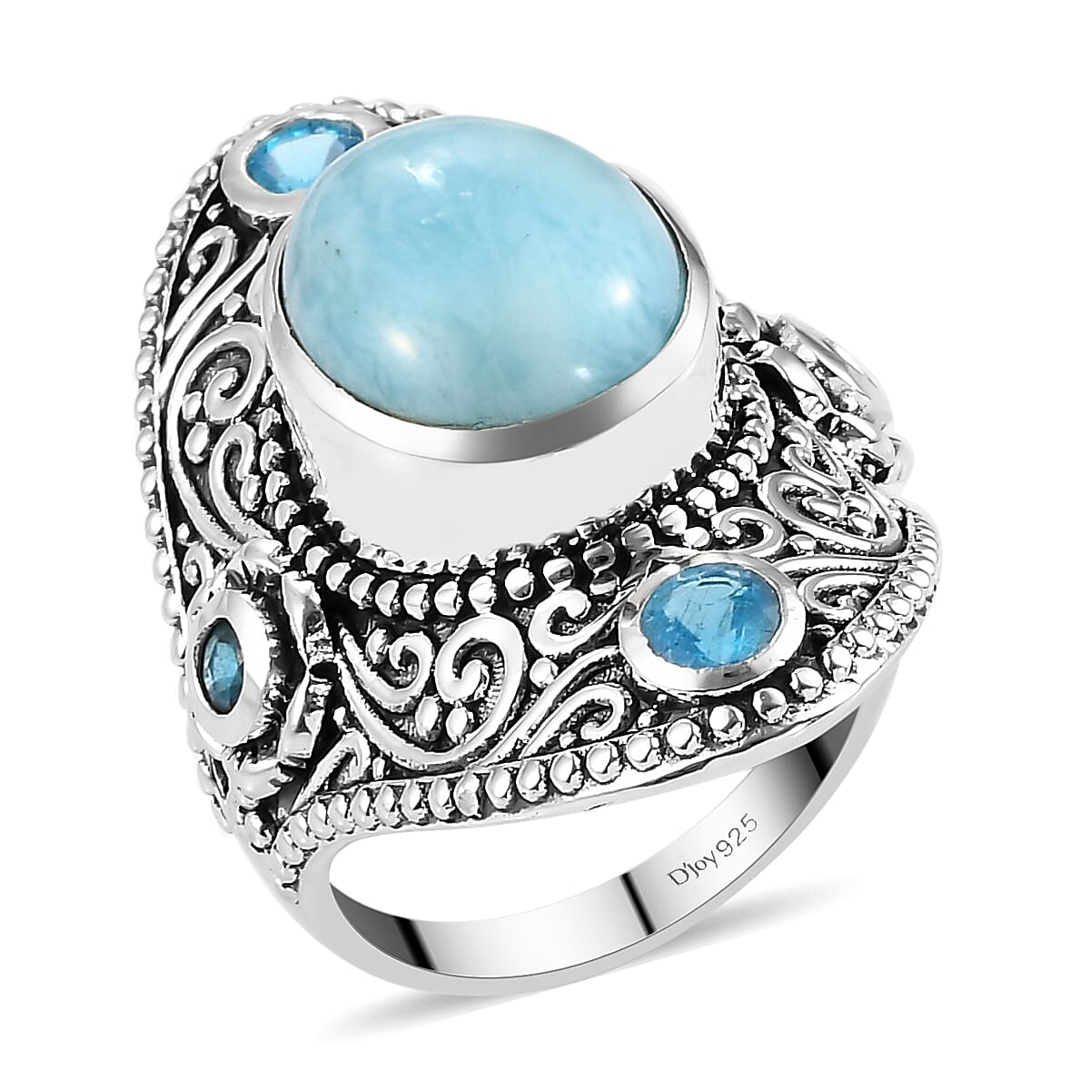 Artisan Crafted Larimar and Malgache Neon Apatite Fancy Ring in Sterling Silver (Size 9.0) 5.90 ctw