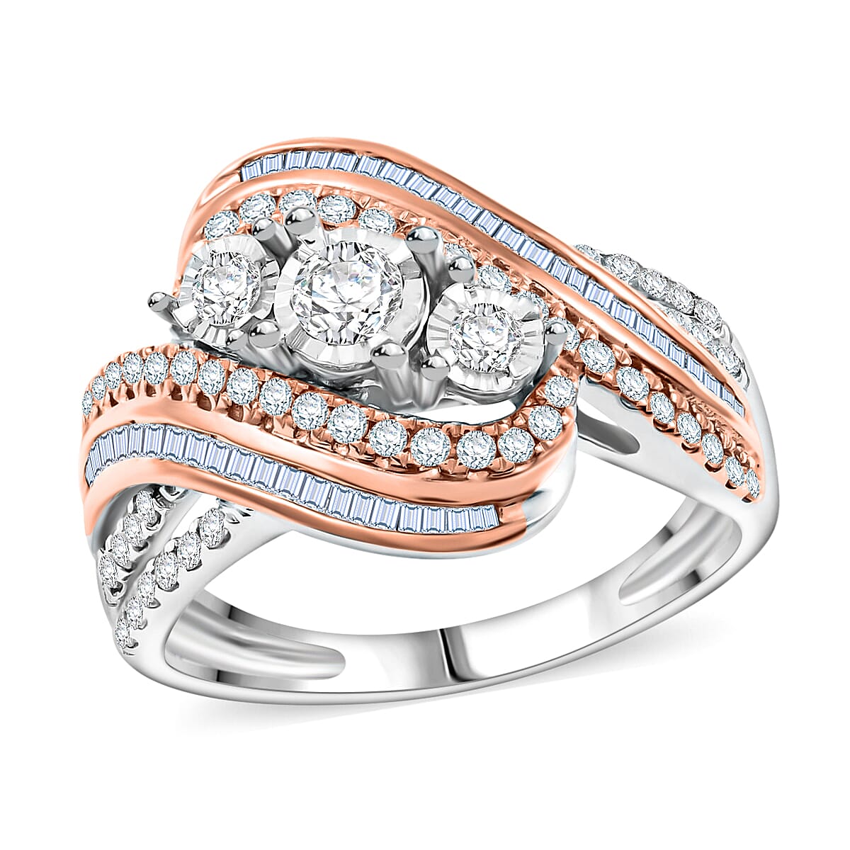 NY Closeout 10K White and Rose Gold G-H I2 Diamond Bypass Twist Ring (Size 7.0) 5.30 Grams 1.00 ctw