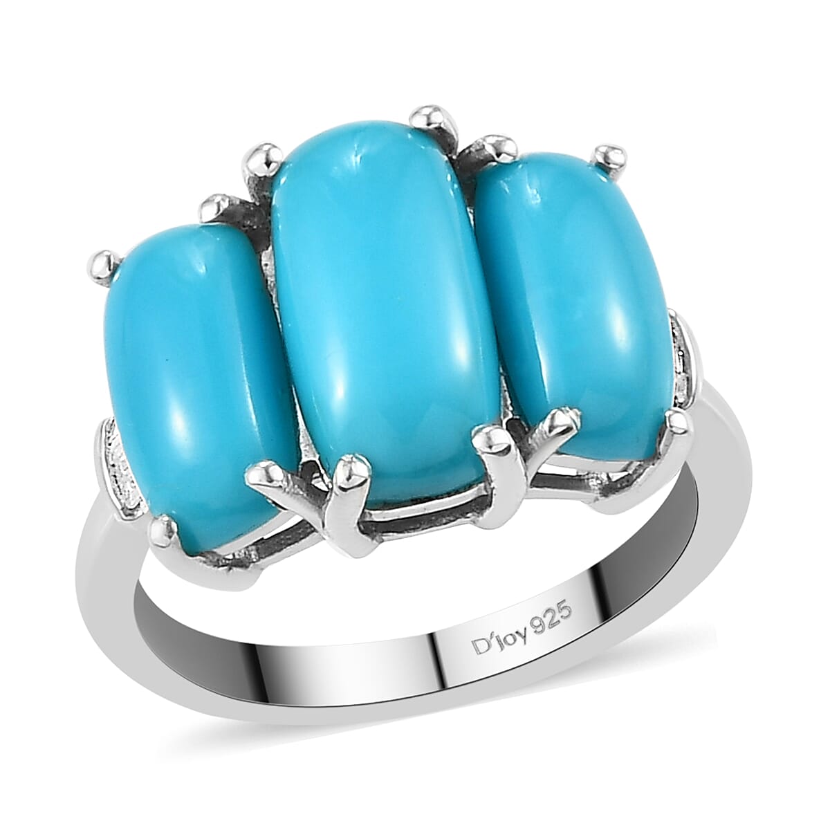 AMERICAN Natural Sleeping Beauty Turquoise and Diamond 3 Stone Ring in Platinum Over Sterling Silver 4.25 ctw