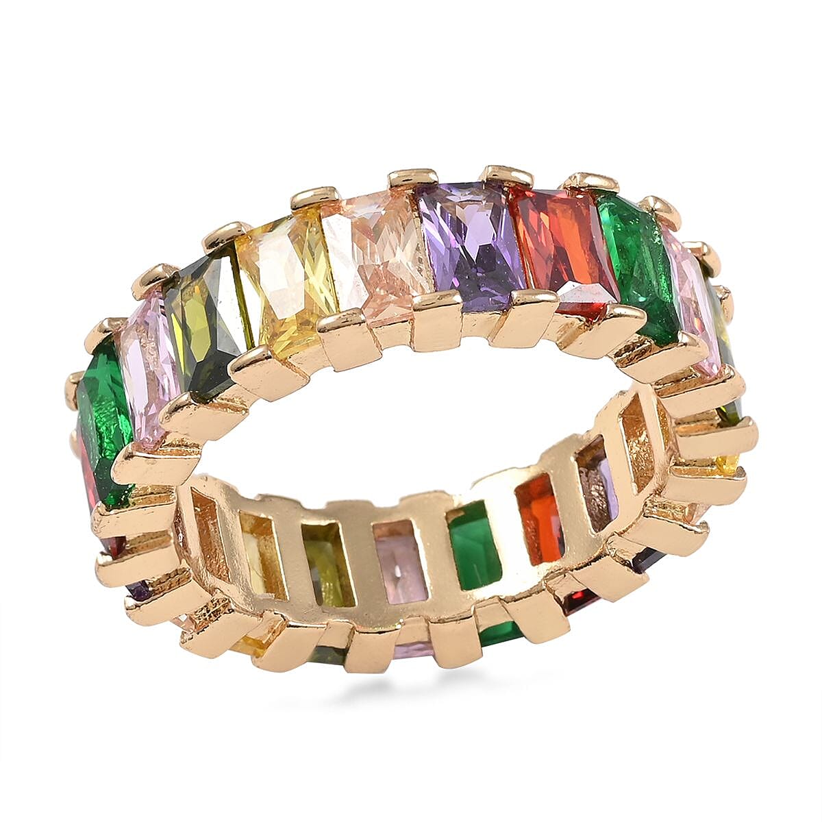 Multi Color Simulated Diamond Eternity Band Ring in Goldtone 10.50 ctw