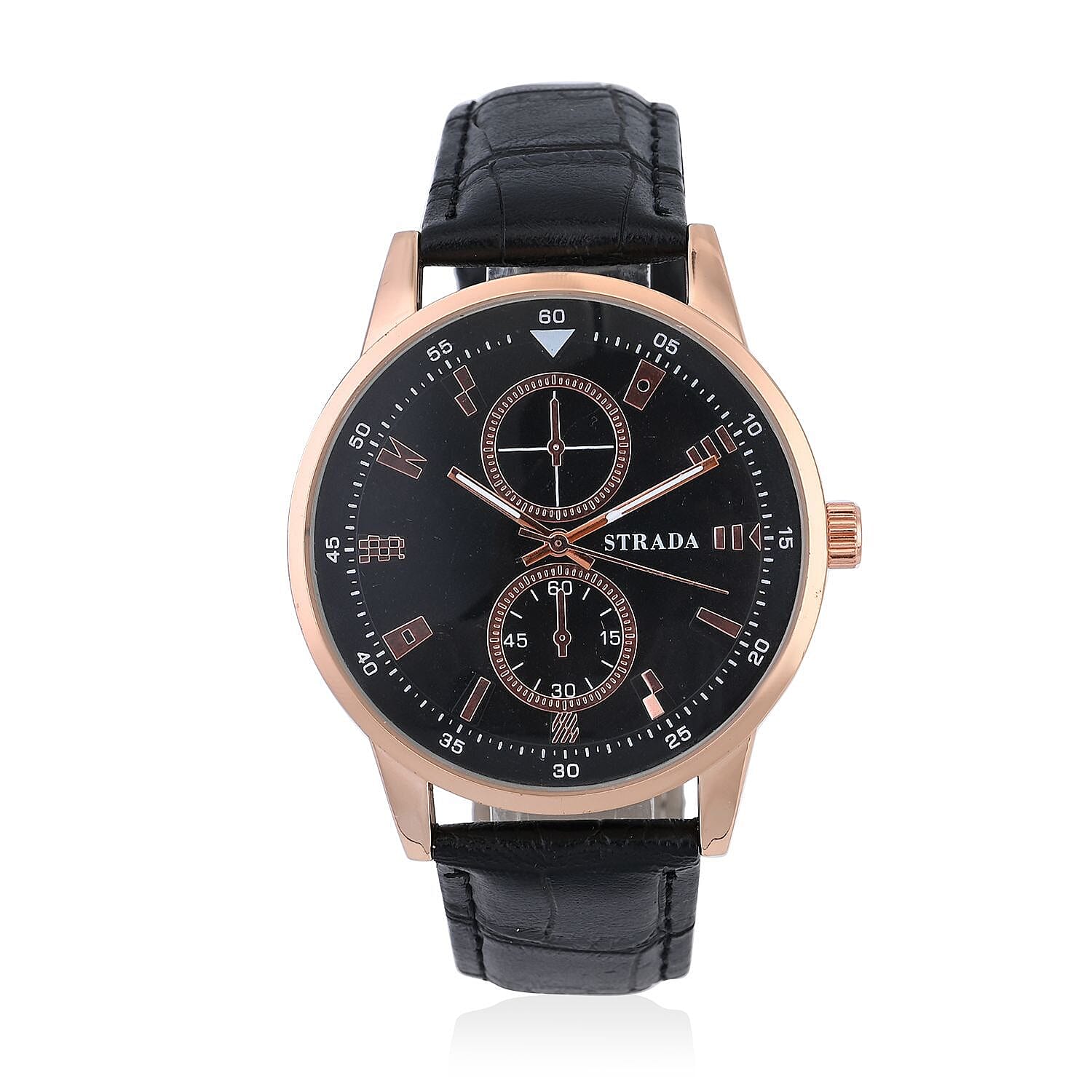 STRADA Japanese Movement Watch in Rosetone with Black Faux Leather Strap (40.65mm) (5.75-7.75 Inches)