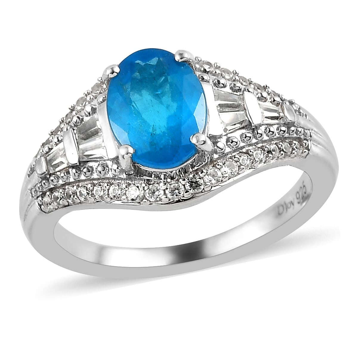 Malgache Neon Apatite, Natural White Zircon Ring in Platinum Over Sterling Silver (Size 9.0) 1.70 ctw