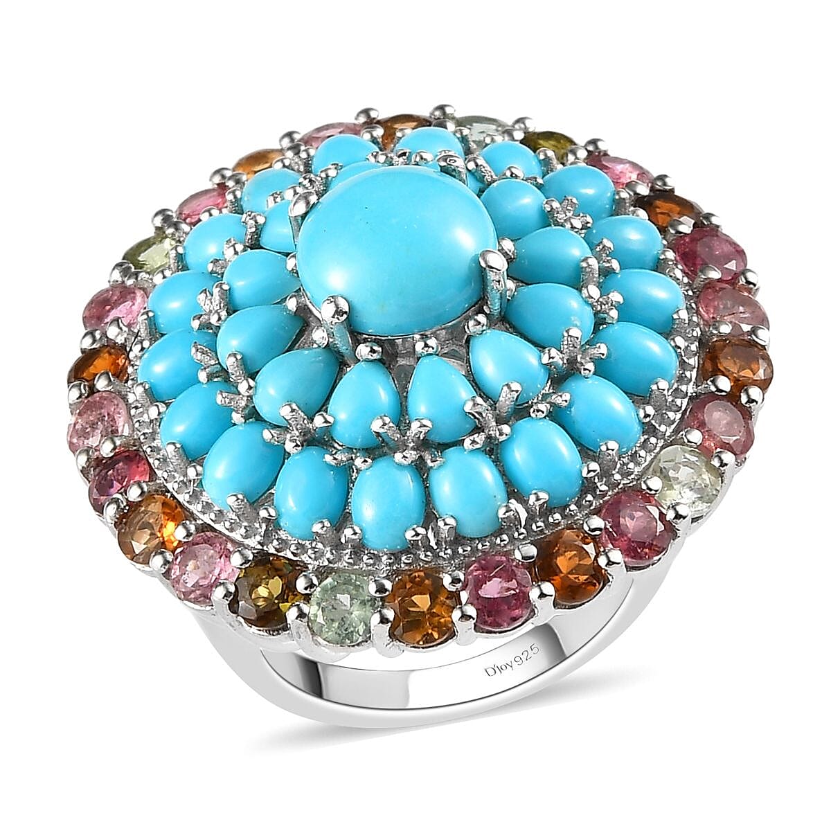 TLV AMERICAN Natural Sleeping Beauty Turquoise, Multi-Tourmaline Cocktail Ring in Platinum Over Sterling Silver (Size 7.0) (9.85 g) 9.00 ctw