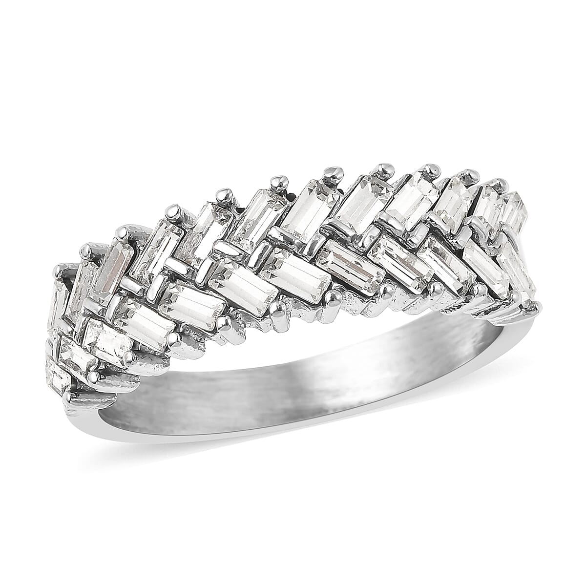 White Austrian Crystal Fern Leaf Ring in Stainless Steel (Size 9.0)