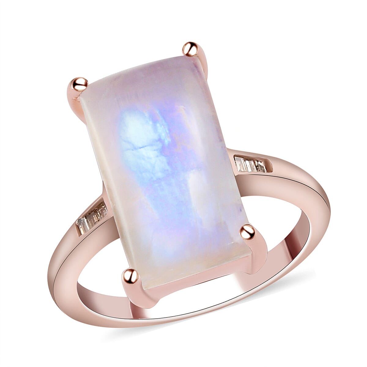Premium Rainbow Moonstone and Natural Champagne Diamond Ring in Vermeil Rose Gold Sterling Silver (Size 9.0) 5.85 ctw