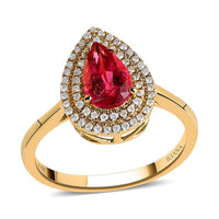 Certified & Appraised ILIANA 18K Yellow Gold AAA Ouro Fino Rubellite and G-H SI Diamond Double Halo Ring 3.75 Grams 1.80 ctw