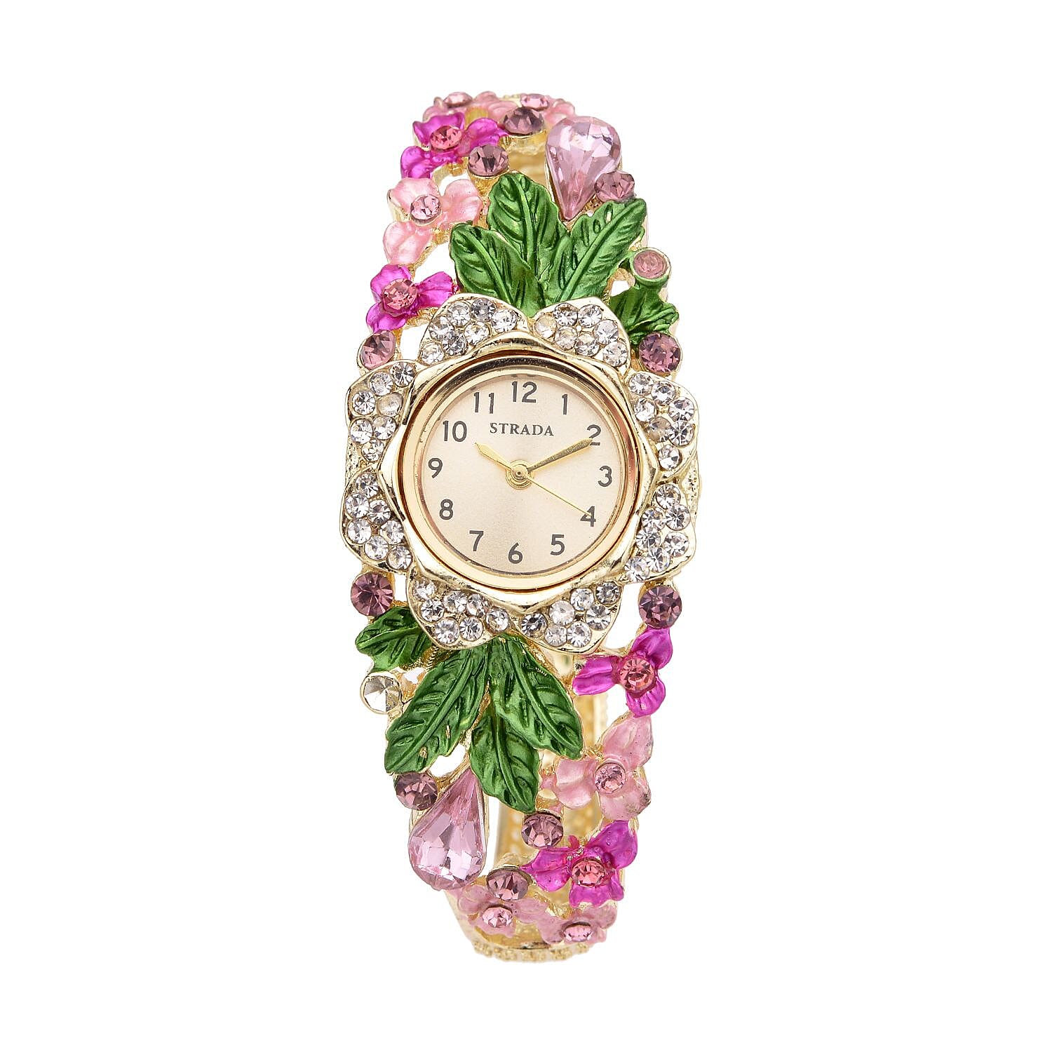 Strada Japanese Movement Multi Color Crystal, Pink Glass Floral & Leaves Pattern Bangle Bracelet (6.5-7 In) Watch in Goldtone (26.67mm)