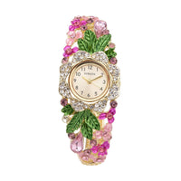 Strada Japanese Movement Multi Color Crystal, Pink Glass Floral & Leaves Pattern Bangle Bracelet (6.5-7 In) Watch in Goldtone (26.67mm)