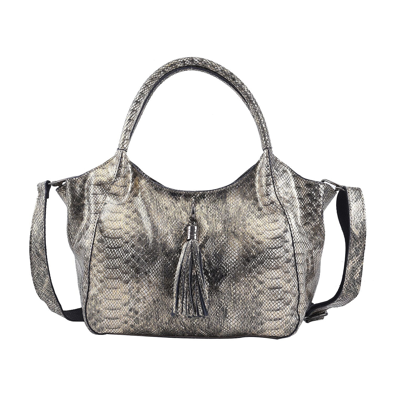 Gold and Black Snake Print Genuine Leather Hobo Bag (11"x6"x9") with 47" Detachable Shoulder Strap and 7" Handle Drop