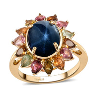 Thai Blue Star Sapphire, Multi-Tourmaline Floral Ring in Vermeil YG Over Sterling Silver (Size 10.0) 7.10 ctw